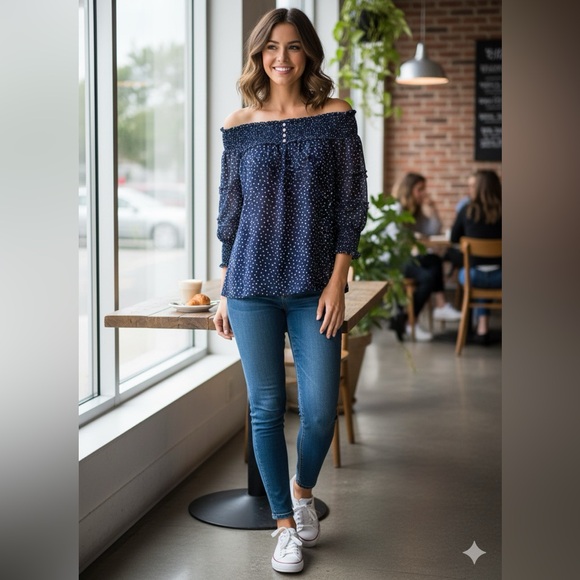 Bobeau Navy and White Polka Dot Blouse with a tank top underneath - Picture 1 of 8